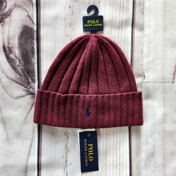 Polo Ralph Lauren Other - NWT Polo Ralph Lauren Beanie Wool Blend Rib Knit Cuff Pony Logo Maroon Unisex